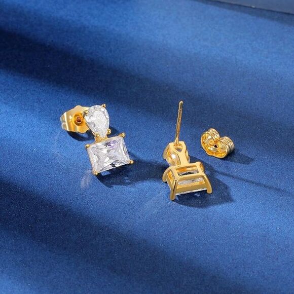 Diamond CZ Square Earrings, Circle Simulated CZ Stud Earrings, Cubic Zirconia - Picture 4 of 4